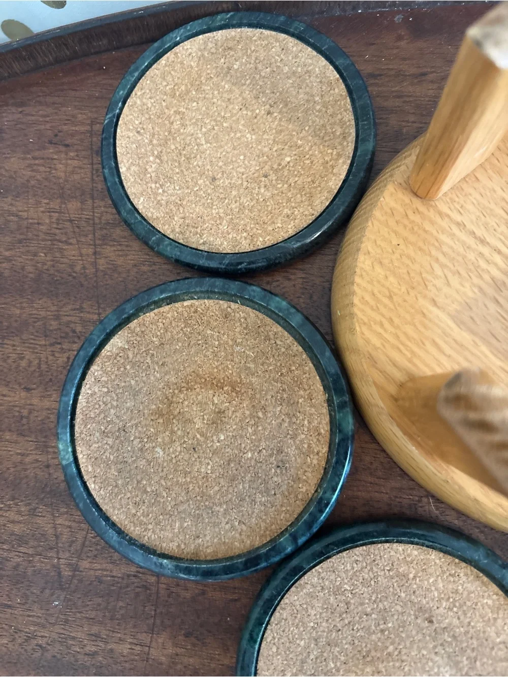 Vintage Himark Green Marble Stone Coaster Set with Wooden Holder